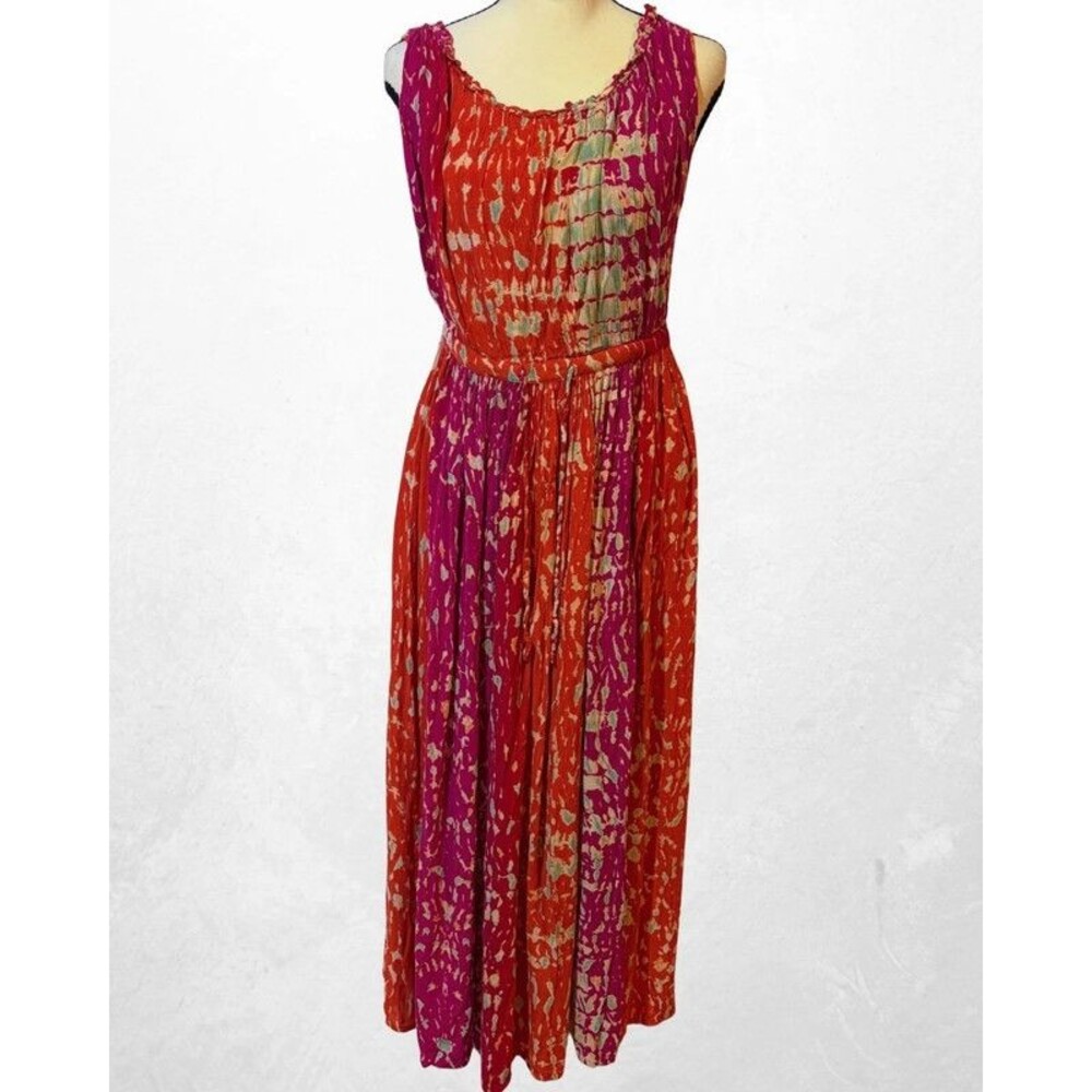 Norm Thompson Red Pink Crinkle Rayon Maxi Dress Size PS Petite Sleeveless